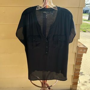 International Concepts Black Cap-sleeve Camp Shirt